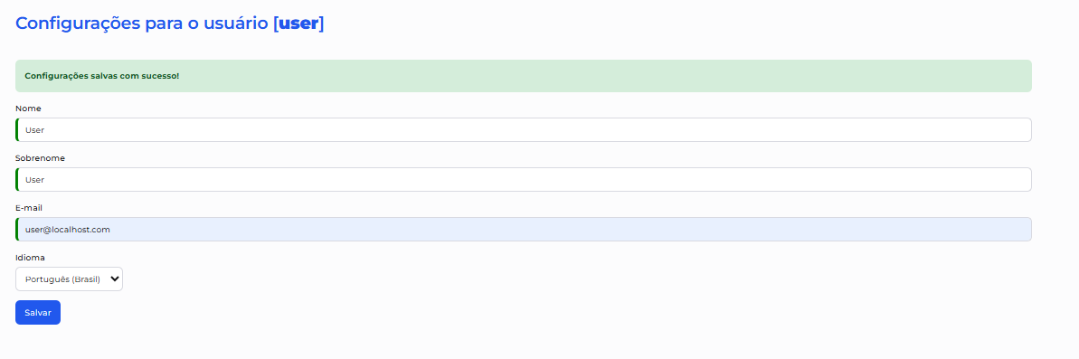 Tela Configurações para o usuário