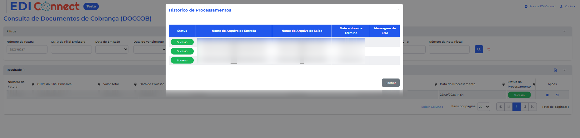 Janela Histórico de Processamentos do DOCCOB